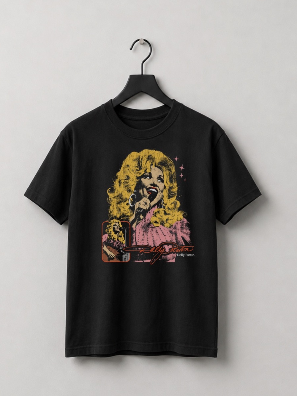 Black Tee with Yellow & Pink Dolly Parton Portrait